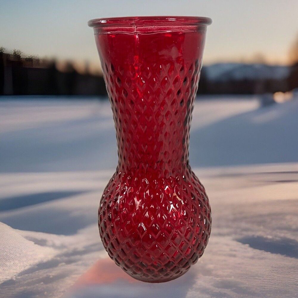 Red Hobnail Glass Vase Diamond Pattern 7” Tall Vintage Spring Valentine Flowers